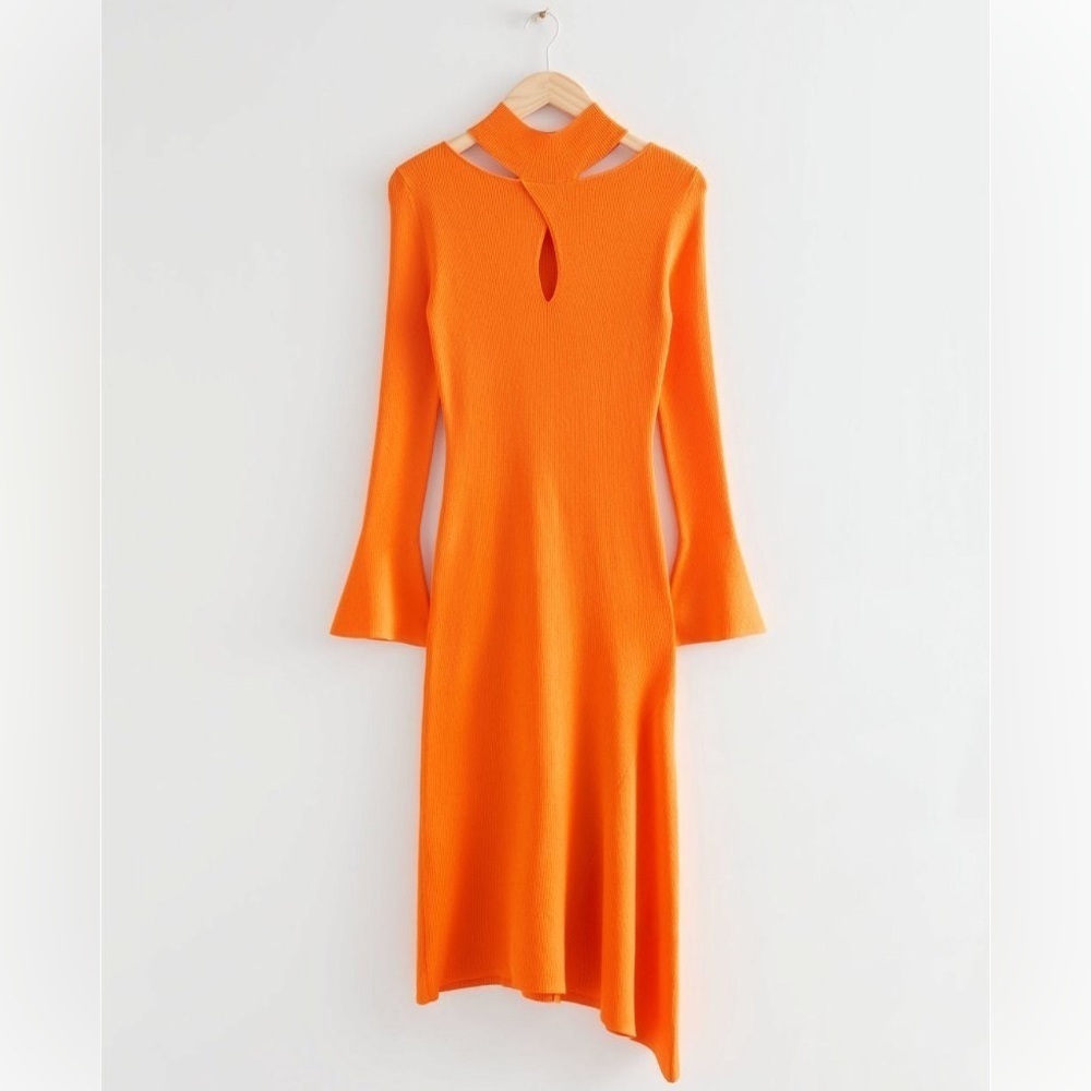 & OTHER STORIES Bright Orange Rib Knit Long Sleeve Fitted Keyhole Midi Dress XS